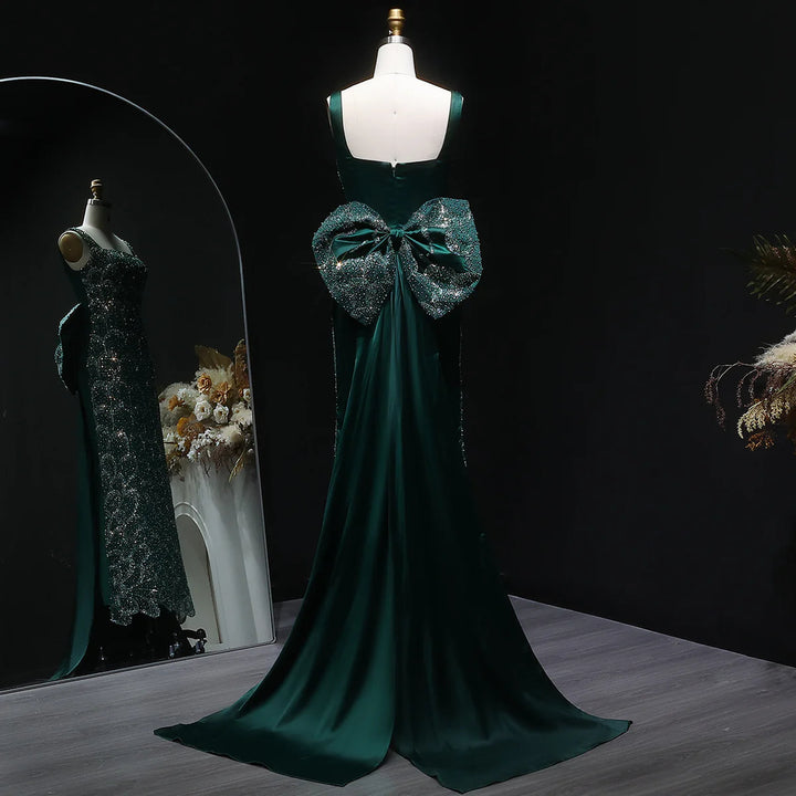 Elegant Emerald Green Beaded Gown with Bow Train Evening Dress SS648