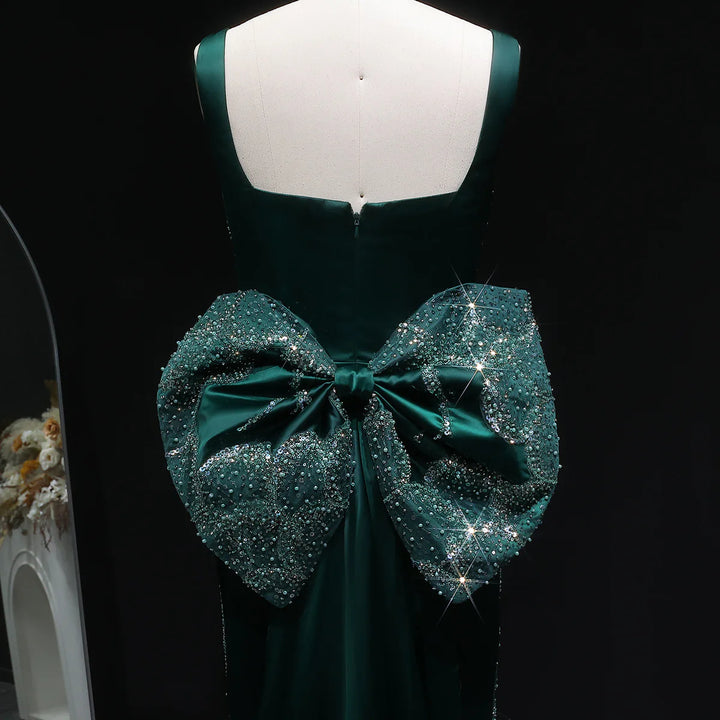 Elegant Emerald Green Beaded Gown with Bow Train Evening Dress SS648