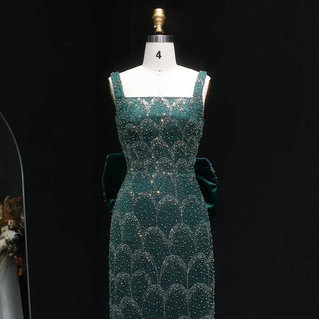 Elegant Emerald Green Beaded Gown with Bow Train Evening Dress SS648