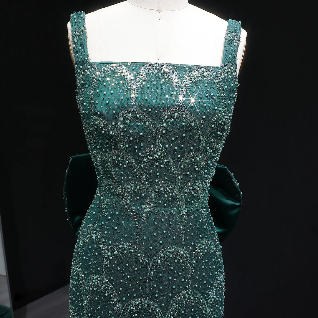 Elegant Emerald Green Beaded Gown with Bow Train Evening Dress SS648