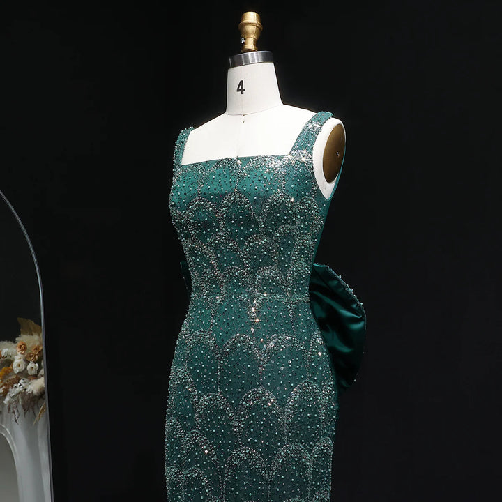 Elegant Emerald Green Beaded Gown with Bow Train Evening Dress SS648