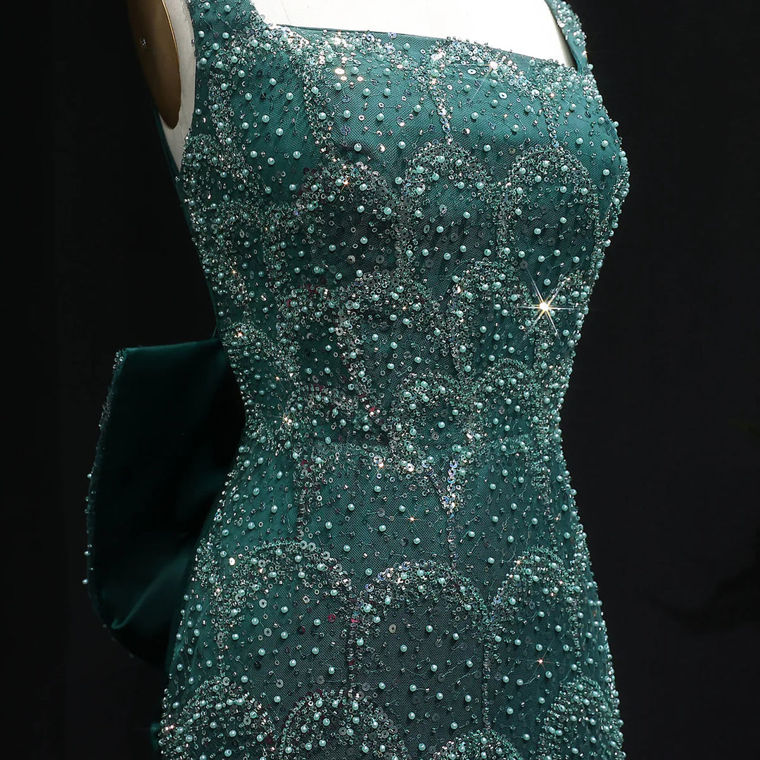 Elegant Emerald Green Beaded Gown with Bow Train Evening Dress SS648