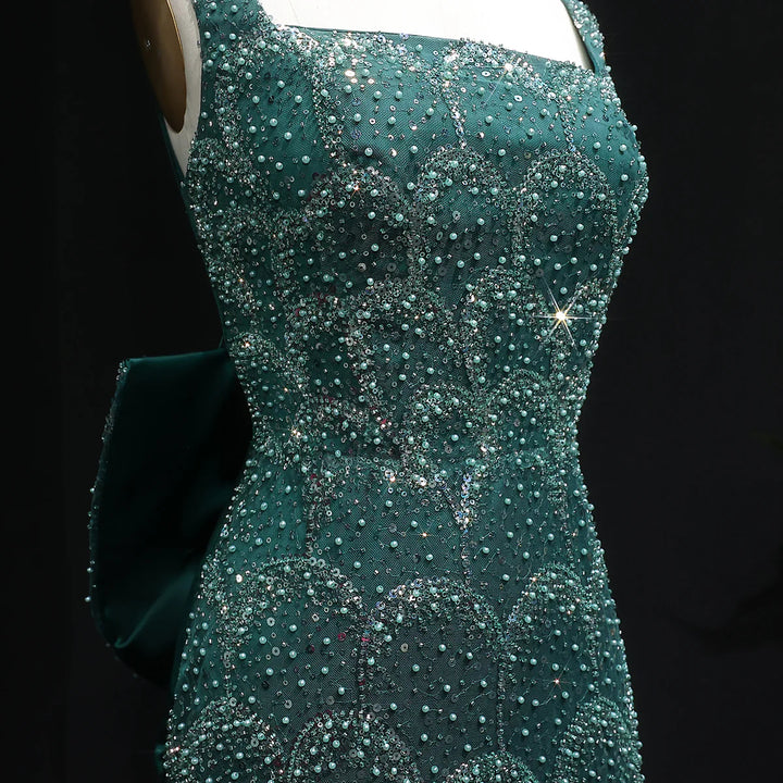 Elegant Emerald Green Beaded Gown with Bow Train Evening Dress SS648