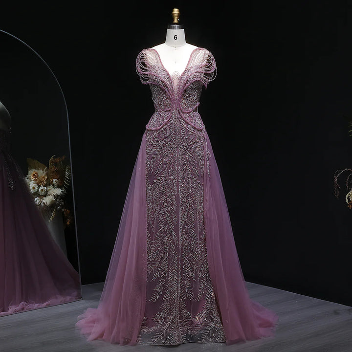 Luxury Pink Crystal Beaded Prom Dress with OverSkirt SS718