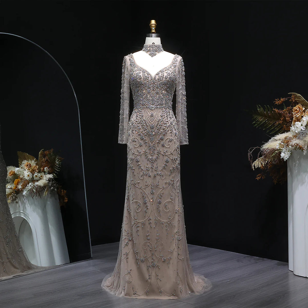 Luxury Pink Crystal Long Sleeve Prom Dress with Neckpiece SS181