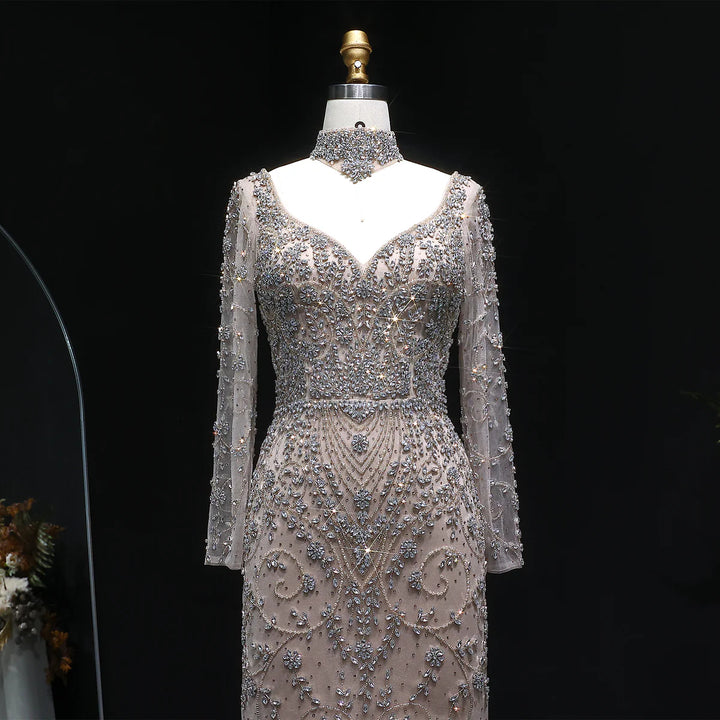 Luxury Pink Crystal Long Sleeve Prom Dress with Neckpiece SS181