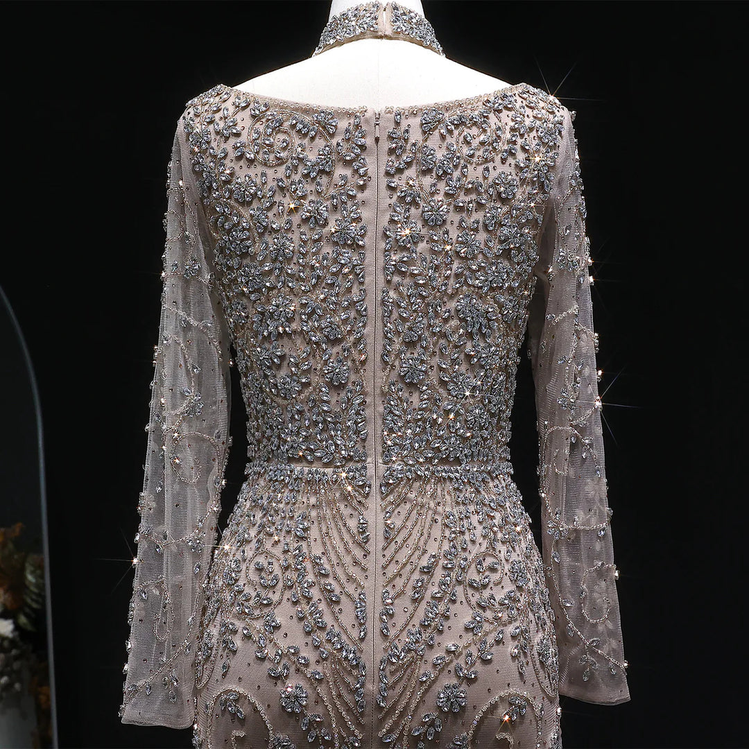 Luxury Pink Crystal Long Sleeve Prom Dress with Neckpiece SS181