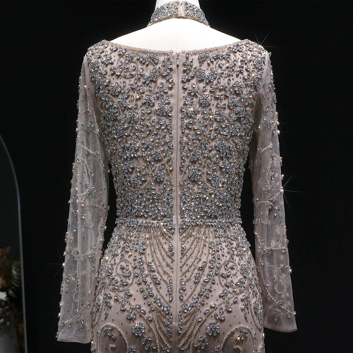 Luxury Pink Crystal Long Sleeve Prom Dress with Neckpiece SS181