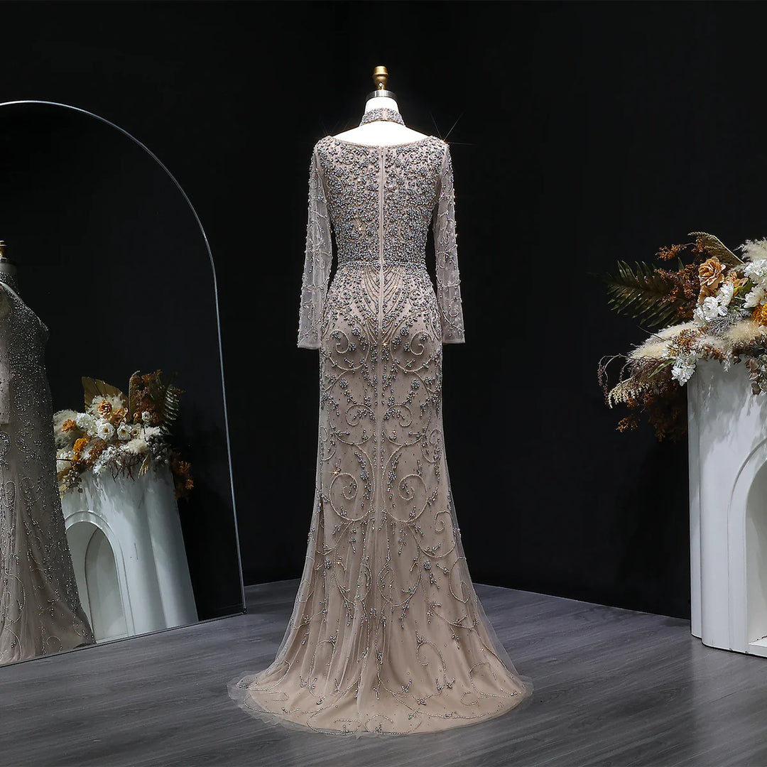 Luxury Pink Crystal Long Sleeve Prom Dress with Neckpiece SS181