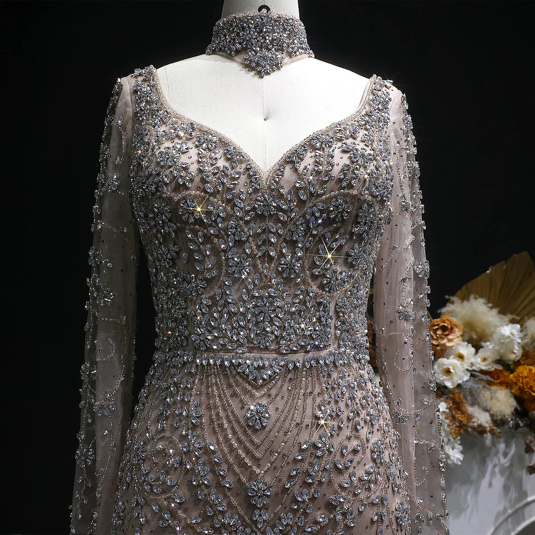 Luxury Pink Crystal Long Sleeve Prom Dress with Neckpiece SS181