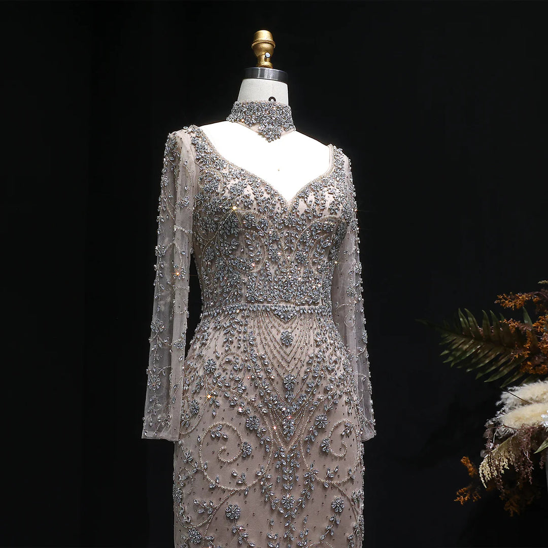 Luxury Pink Crystal Long Sleeve Prom Dress with Neckpiece SS181