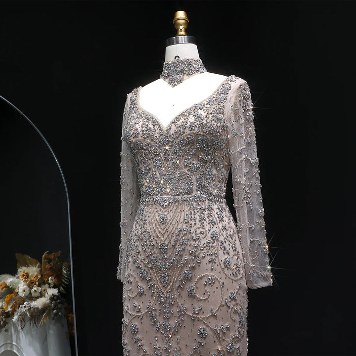 Luxury Pink Crystal Long Sleeve Prom Dress with Neckpiece SS181