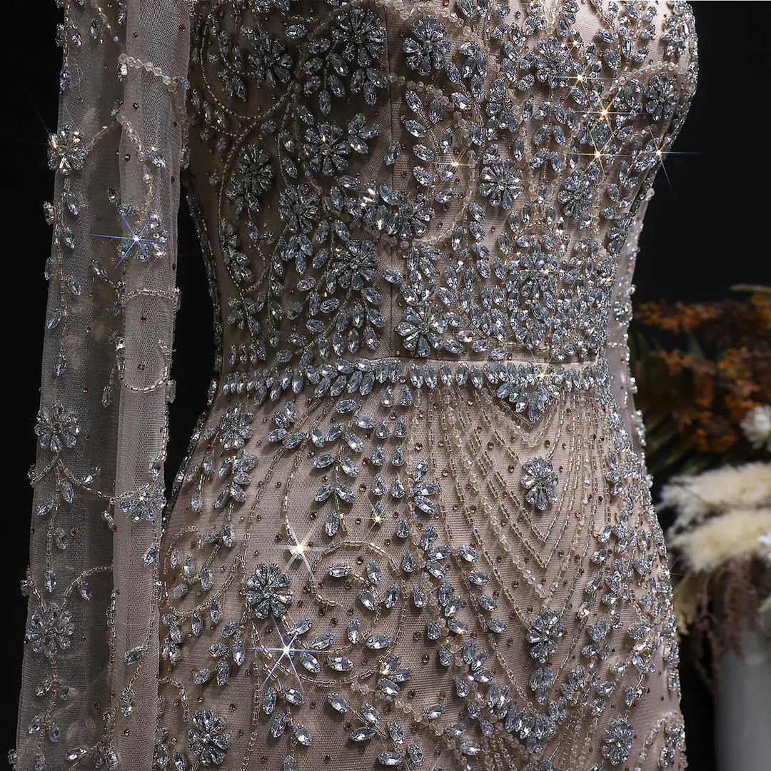 Luxury Pink Crystal Long Sleeve Prom Dress with Neckpiece SS181