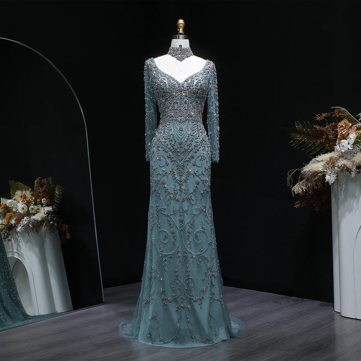 Luxury Pink Crystal Long Sleeve Prom Dress with Neckpiece SS181