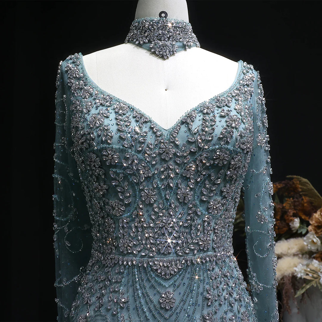 Luxury Pink Crystal Long Sleeve Prom Dress with Neckpiece SS181