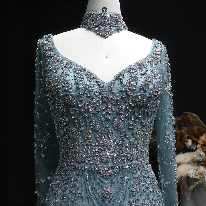 Luxury Pink Crystal Long Sleeve Prom Dress with Neckpiece SS181