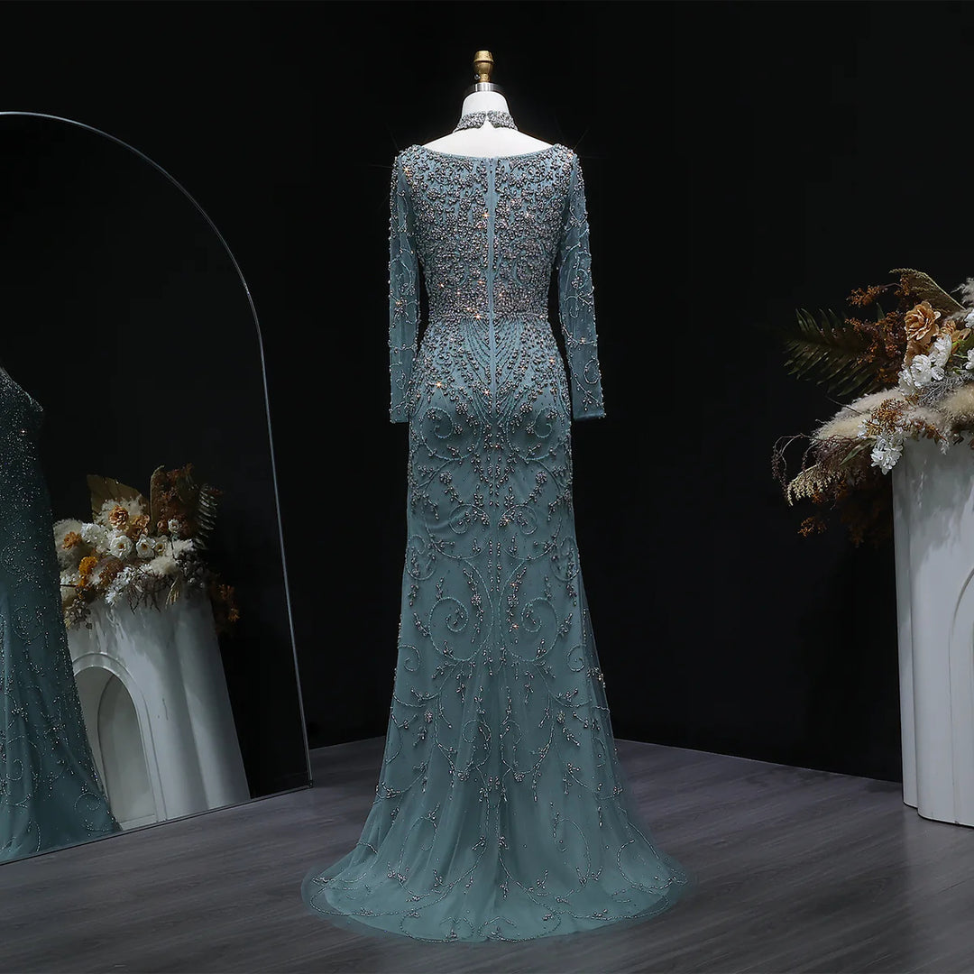 Luxury Pink Crystal Long Sleeve Prom Dress with Neckpiece SS181