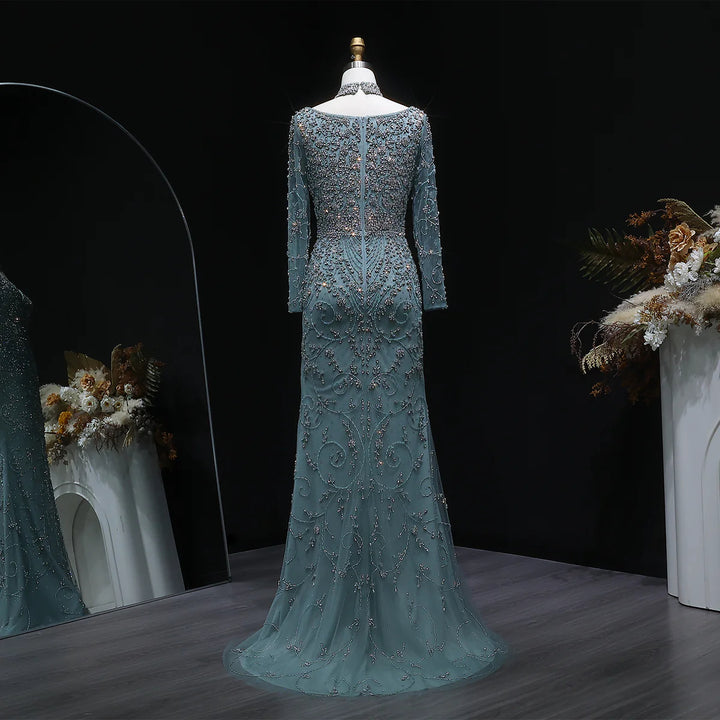 Luxury Pink Crystal Long Sleeve Prom Dress with Neckpiece SS181