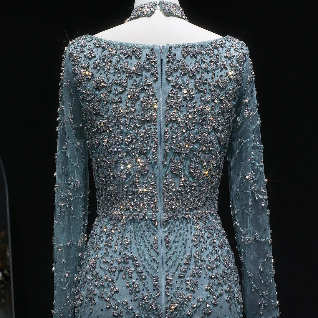 Luxury Pink Crystal Long Sleeve Prom Dress with Neckpiece SS181