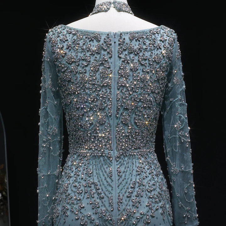 Luxury Pink Crystal Long Sleeve Prom Dress with Neckpiece SS181