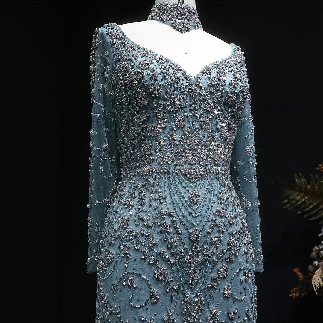 Luxury Pink Crystal Long Sleeve Prom Dress with Neckpiece SS181