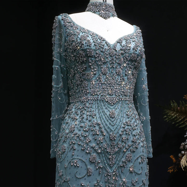 Luxury Pink Crystal Long Sleeve Prom Dress with Neckpiece SS181