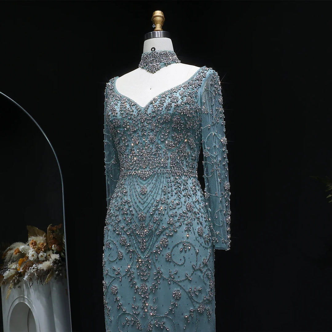 Luxury Pink Crystal Long Sleeve Prom Dress with Neckpiece SS181