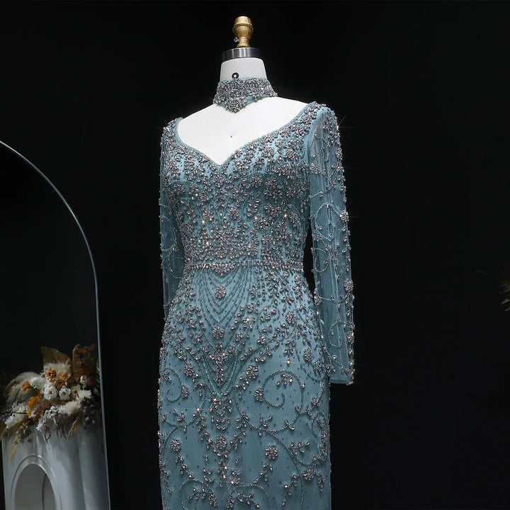 Luxury Pink Crystal Long Sleeve Prom Dress with Neckpiece SS181