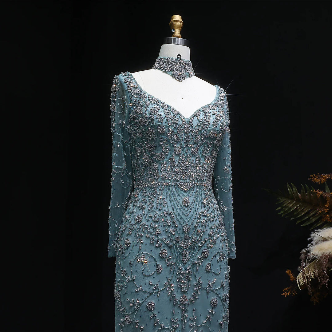 Luxury Pink Crystal Long Sleeve Prom Dress with Neckpiece SS181