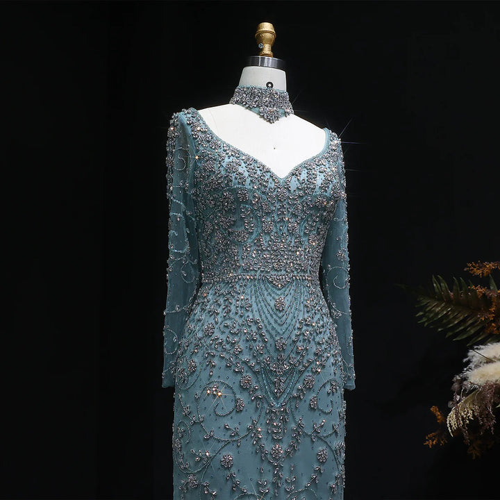 Luxury Pink Crystal Long Sleeve Prom Dress with Neckpiece SS181