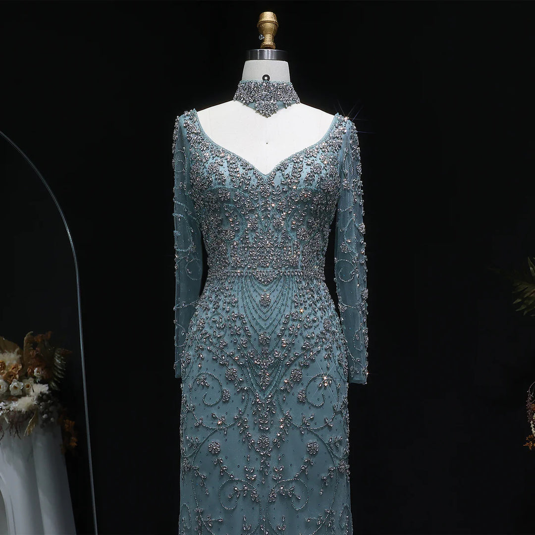 Luxury Pink Crystal Long Sleeve Prom Dress with Neckpiece SS181