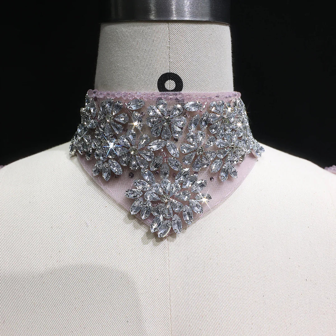 Luxury Pink Crystal Long Sleeve Prom Dress with Neckpiece SS181