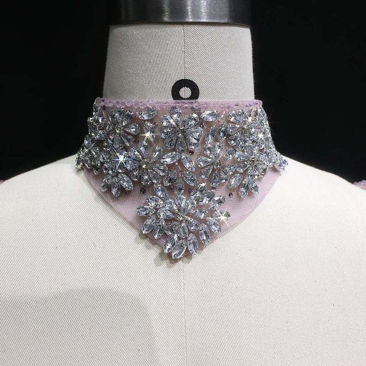 Luxury Pink Crystal Long Sleeve Prom Dress with Neckpiece SS181