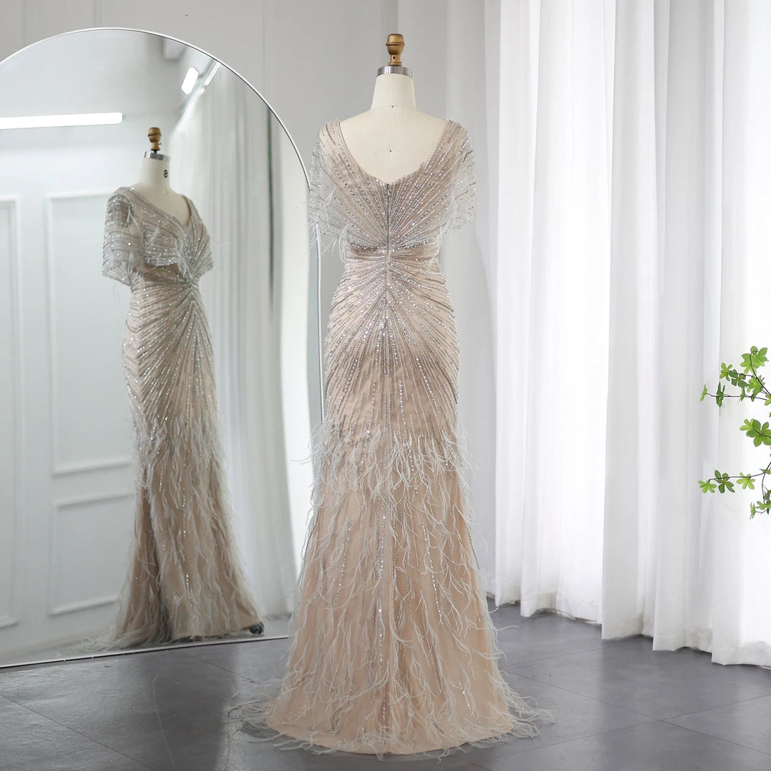 Dubai Feathers Khaki Mermaid Evening Dresses SS210 Dubai Feathers Khaki Mermaid Evening Dresses SS210
