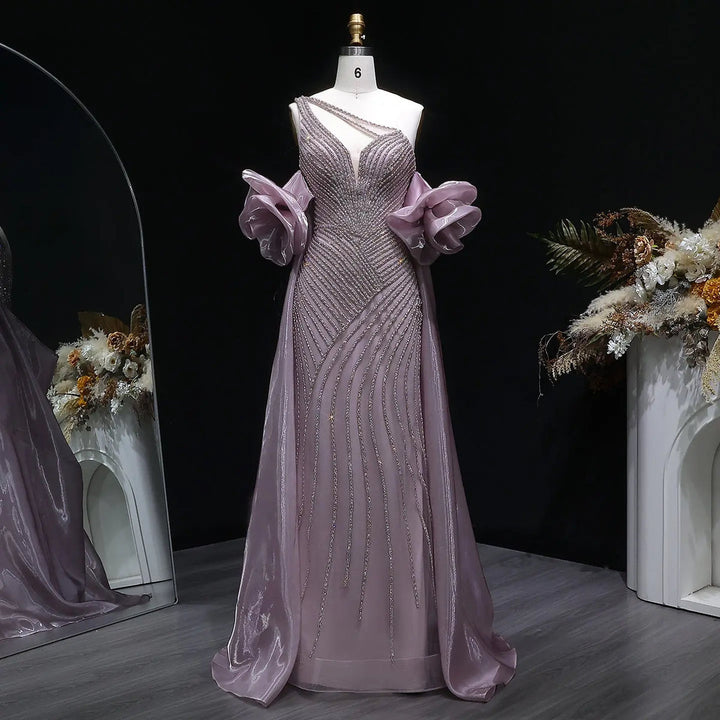 Elegent Blue Beaded One-Shoulder Evening Dress with Flowing Cape SS016