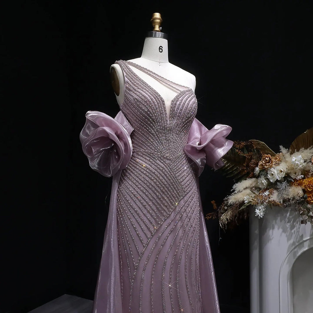 Elegent Blue Beaded One-Shoulder Evening Dress with Flowing Cape SS016