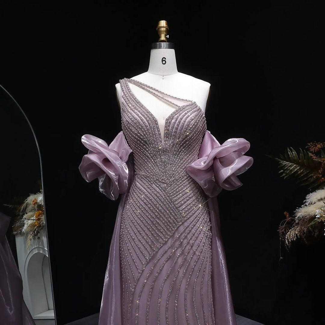 Elegent Blue Beaded One-Shoulder Evening Dress with Flowing Cape SS016