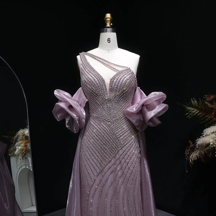 Elegent Blue Beaded One-Shoulder Evening Dress with Flowing Cape SS016