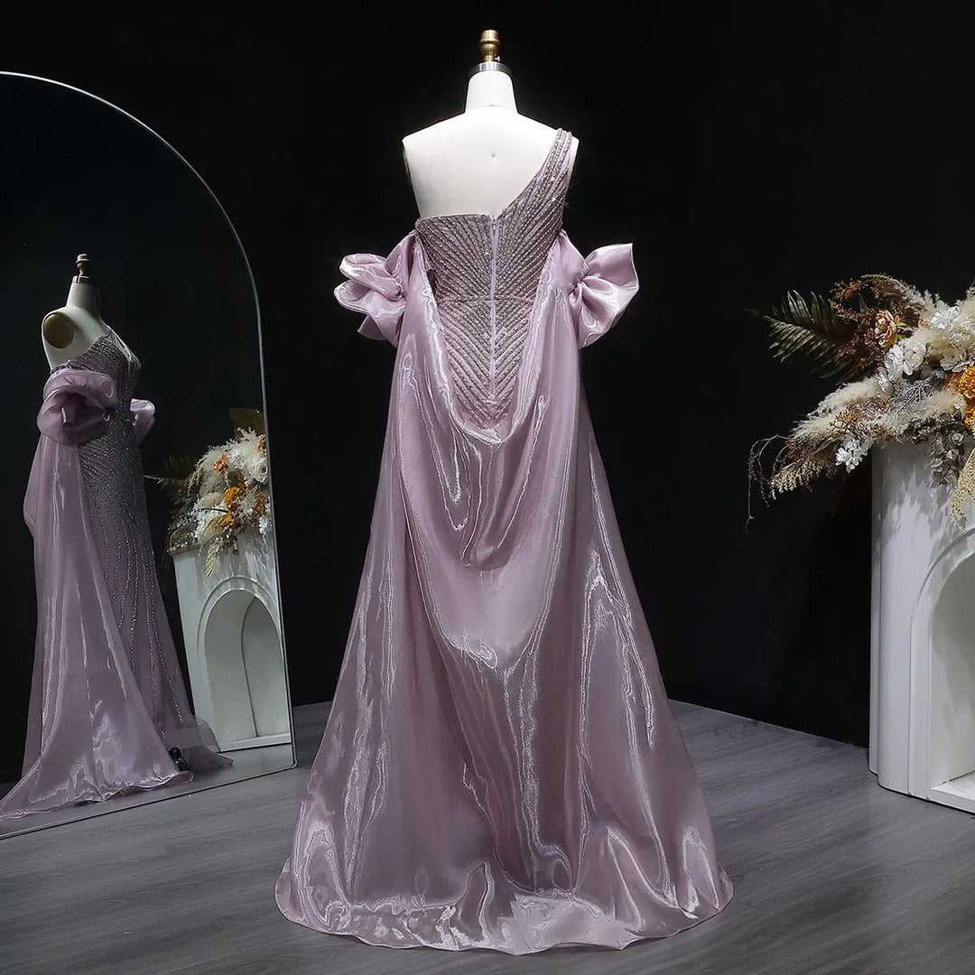 Elegent Blue Beaded One-Shoulder Evening Dress with Flowing Cape SS016