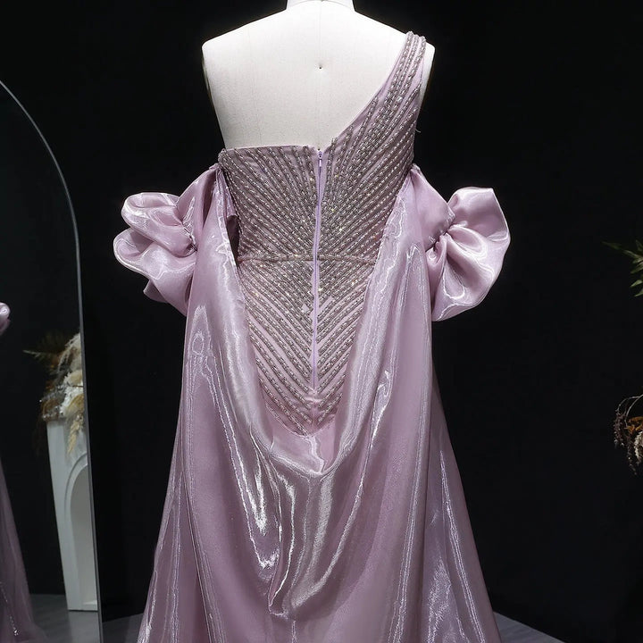 Elegent Blue Beaded One-Shoulder Evening Dress with Flowing Cape SS016