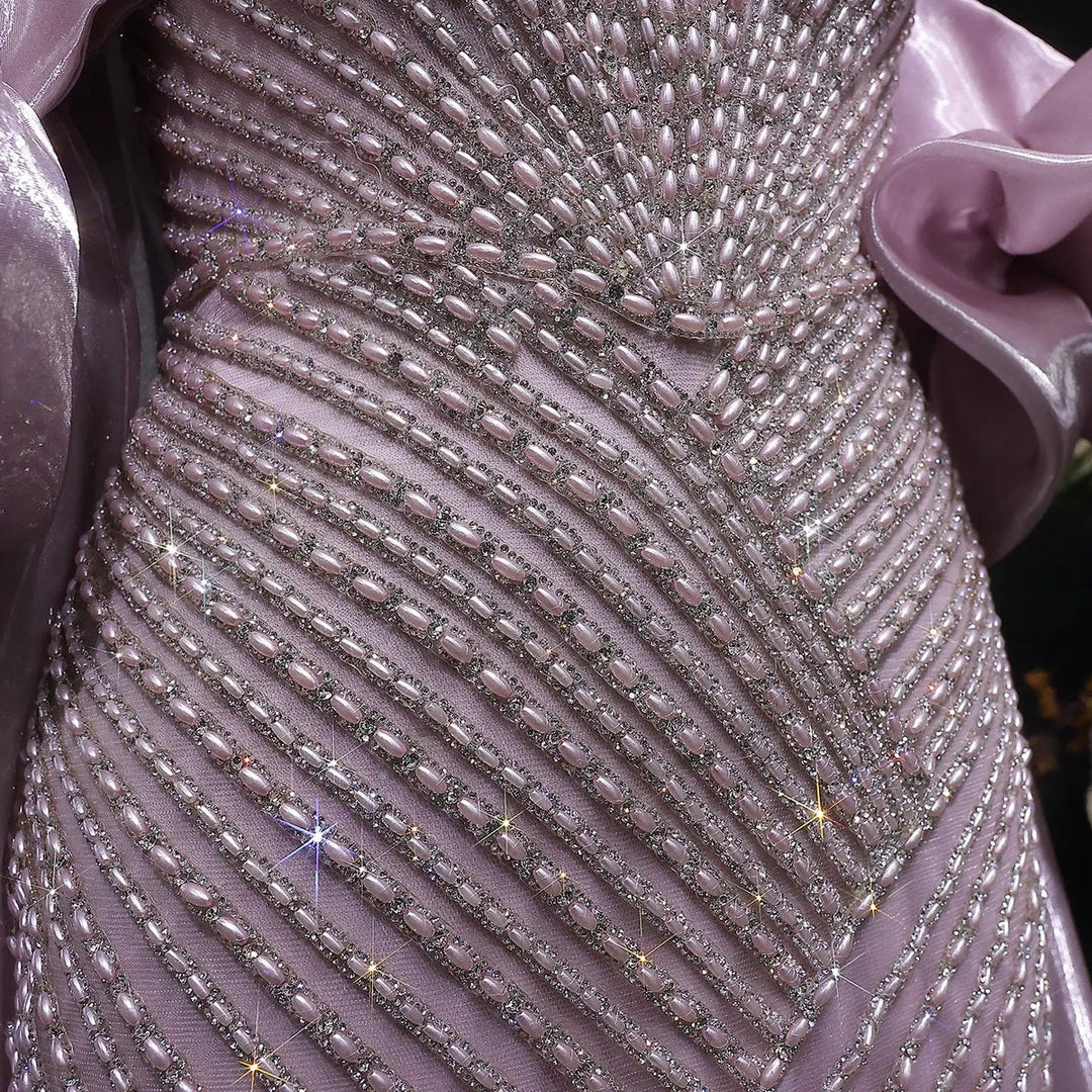 Elegent Blue Beaded One-Shoulder Evening Dress with Flowing Cape SS016