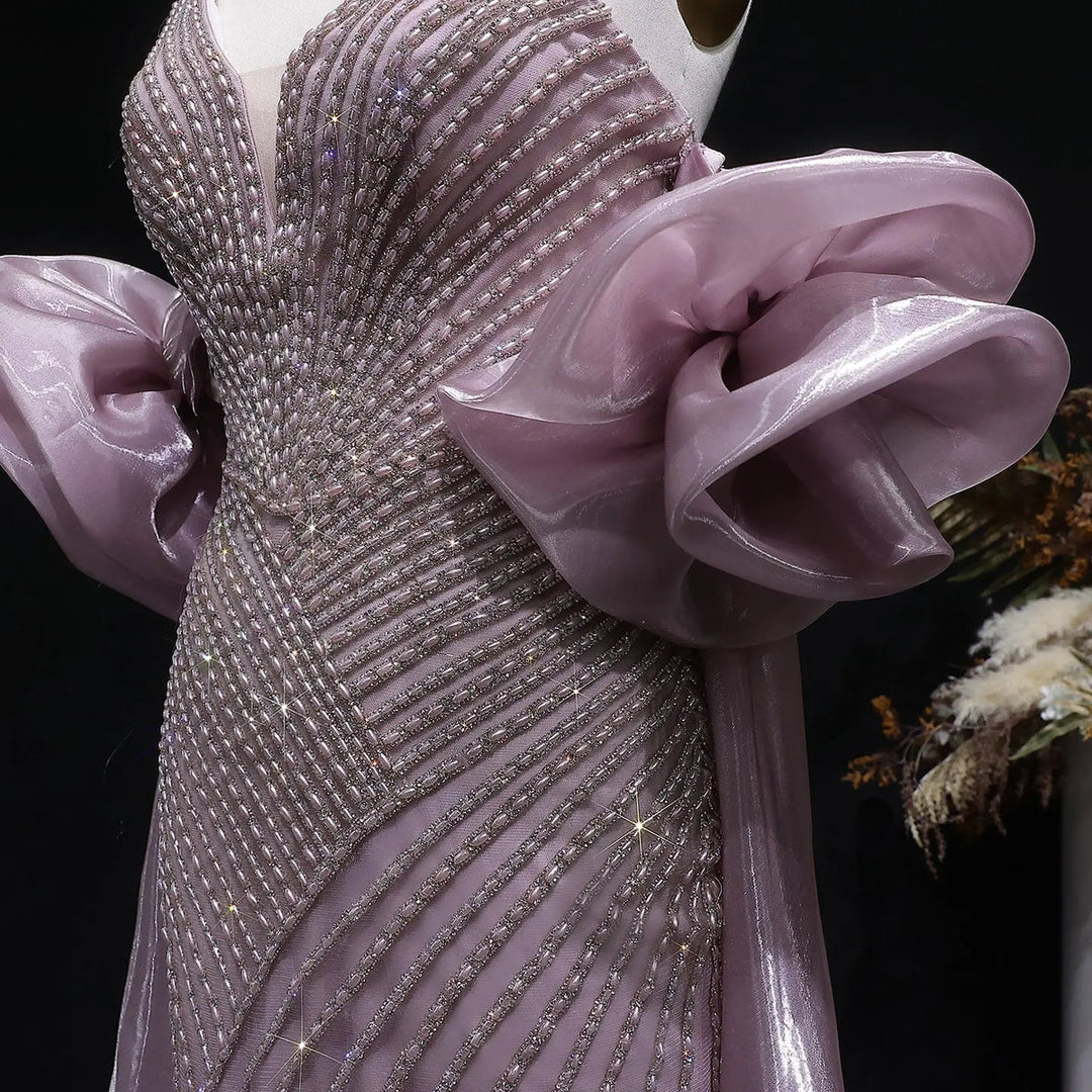 Elegent Blue Beaded One-Shoulder Evening Dress with Flowing Cape SS016