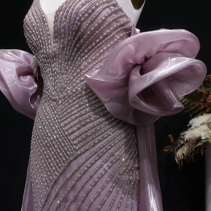 Elegent Blue Beaded One-Shoulder Evening Dress with Flowing Cape SS016