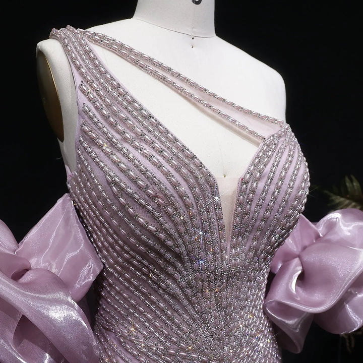 Elegent Blue Beaded One-Shoulder Evening Dress with Flowing Cape SS016