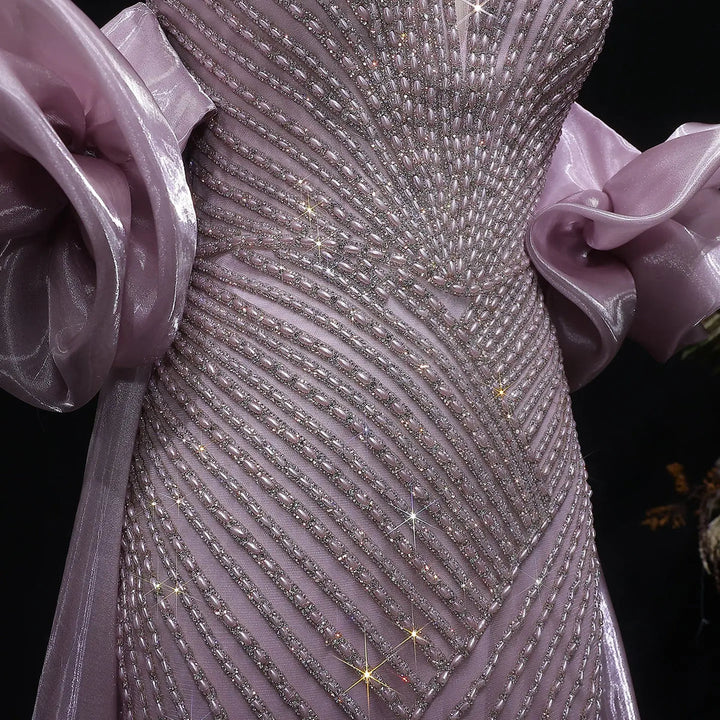 Elegent Blue Beaded One-Shoulder Evening Dress with Flowing Cape SS016