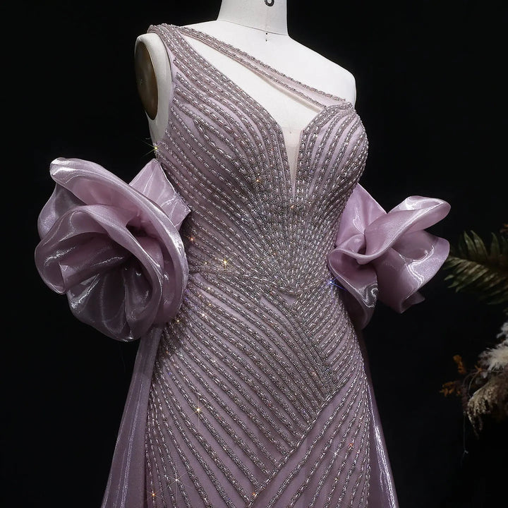 Elegent Blue Beaded One-Shoulder Evening Dress with Flowing Cape SS016