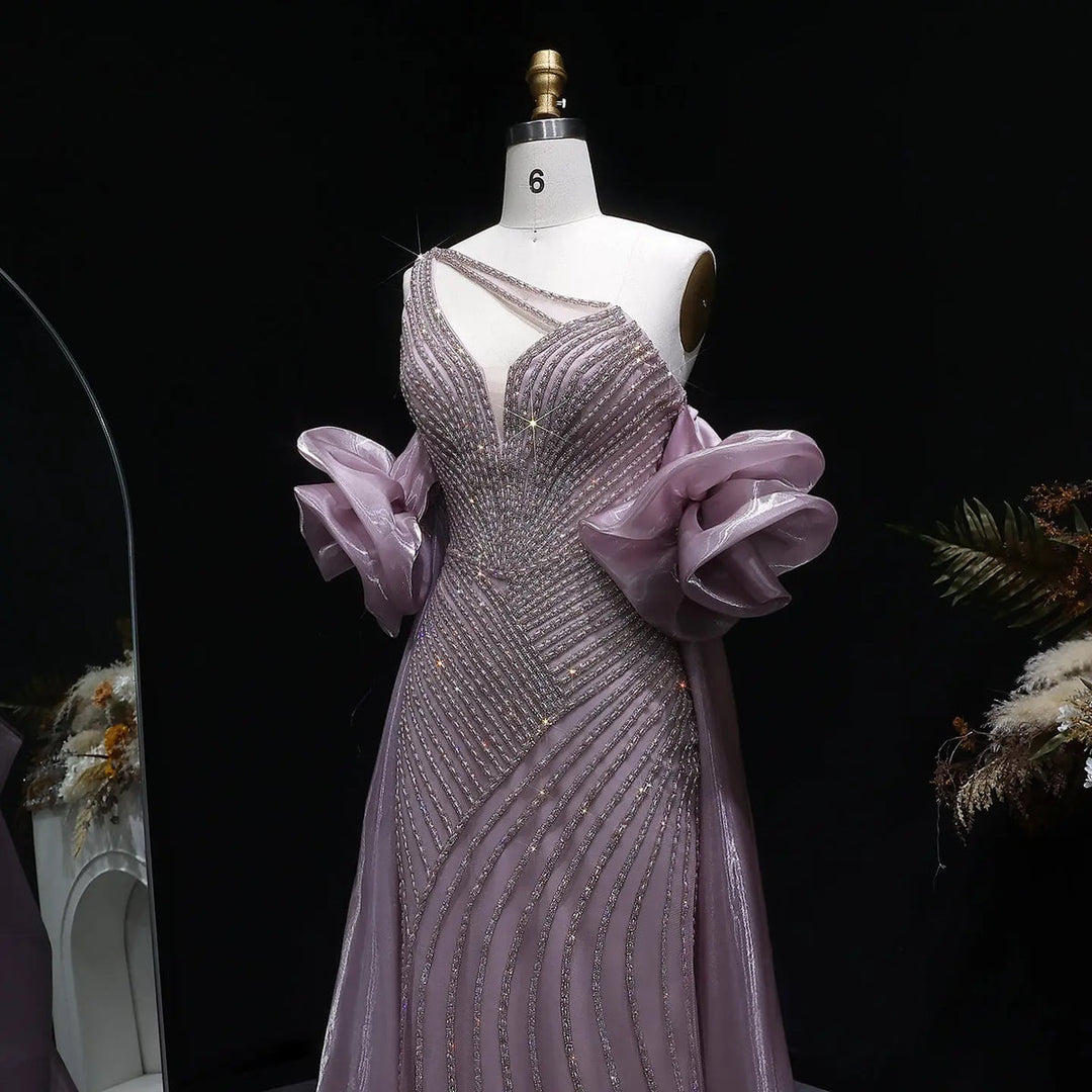 Elegent Blue Beaded One-Shoulder Evening Dress with Flowing Cape SS016