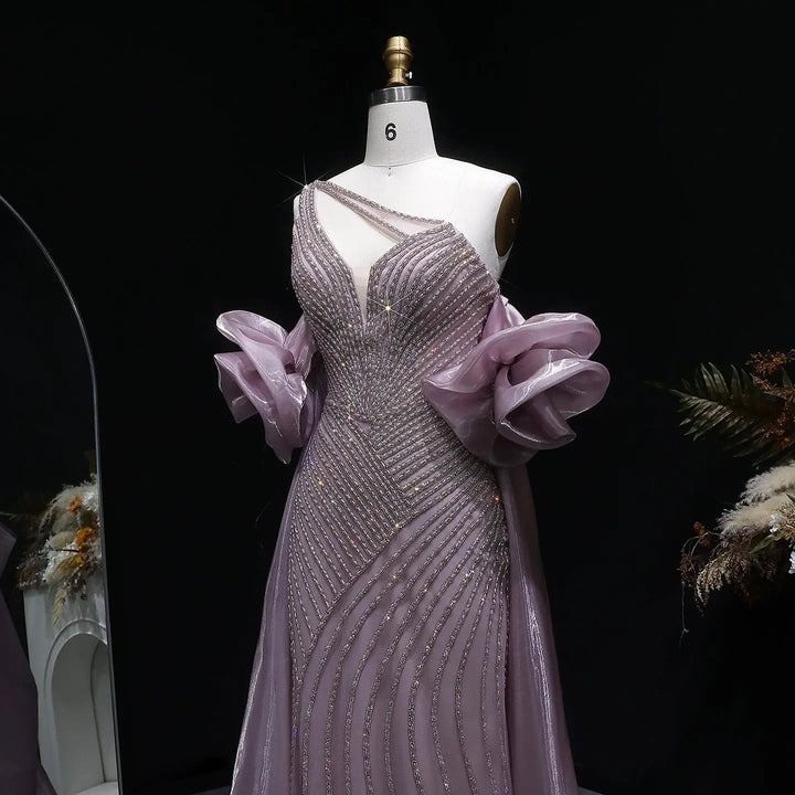 Elegent Blue Beaded One-Shoulder Evening Dress with Flowing Cape SS016