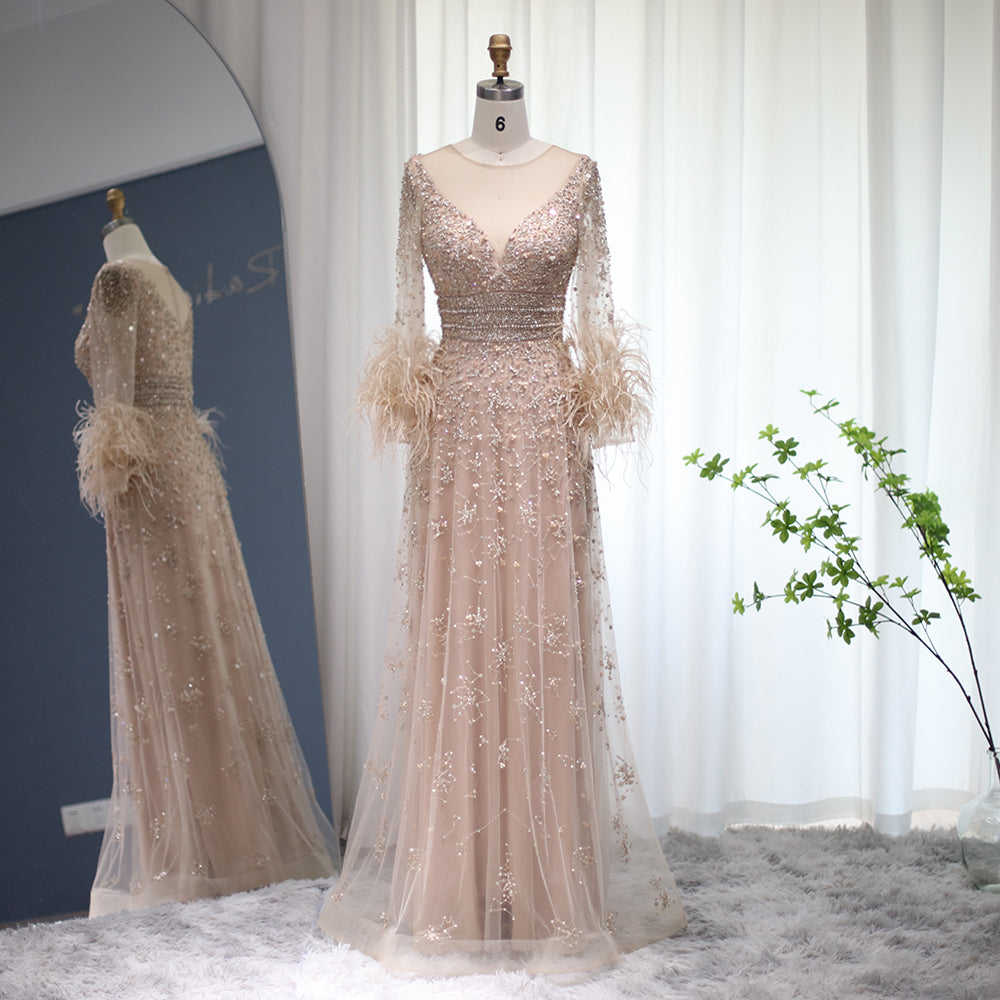 En Creme Enchanting Peacock Feather Long Sleeves Evening Cocktail Sheath Dress
