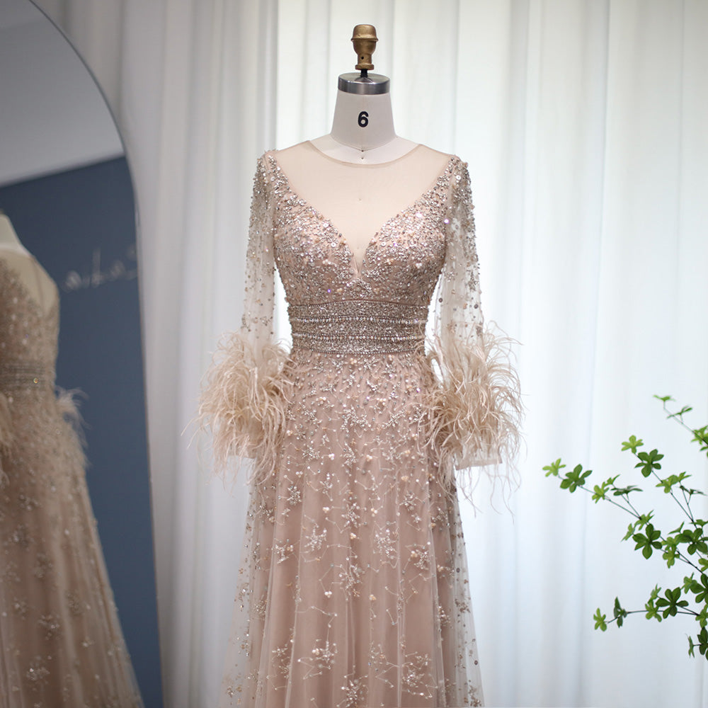 Elegant Champagne Evening Dress with Long Sleeves SS223 main image 0